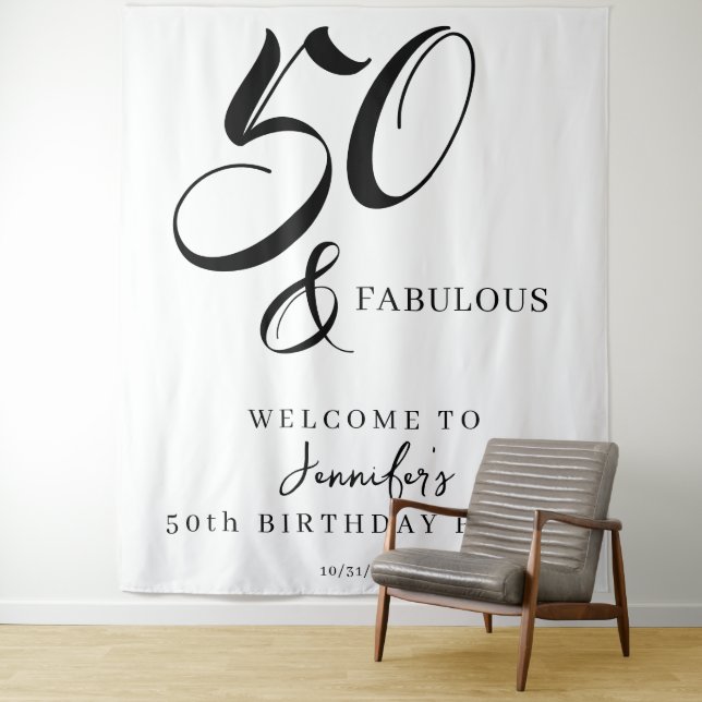 Modern Elegant Black White Fifty Fabulous Birthday Wandteppich (Beispiel)