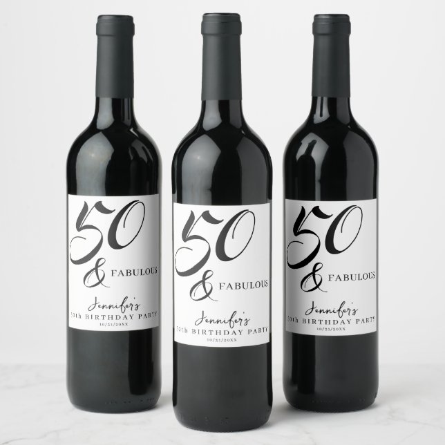 Modern Elegant Black White Fifty Fabulous Birthday Weinetikett (Flaschen)