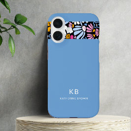 Modern Elegant Blue Black Floral Pattern iPhone 16 Hülle