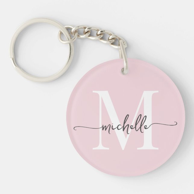Modern Elegant Blush Pink Monogram Name Script Schlüsselanhänger (Vorderseite)