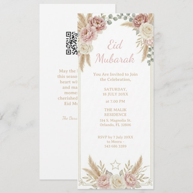 Modern Elegant Boho Floral Eid Mubarak Digital Einladung (Vorne/Hinten)