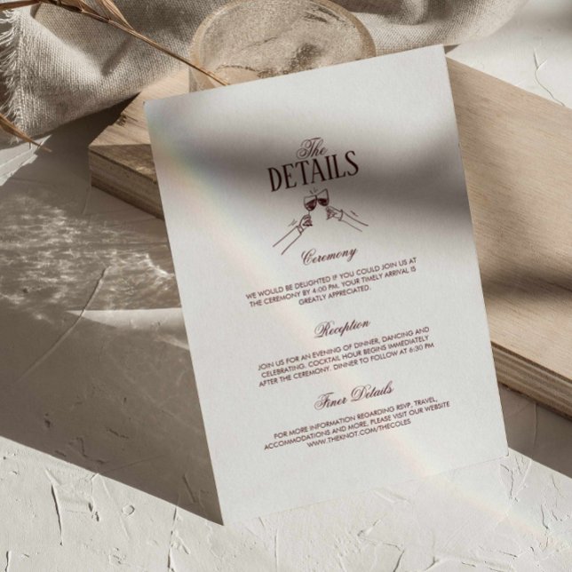 Modern Elegant Burgundy Wedding Details  Begleitkarte (burgundy formal wedding details enclosure card, deep maroon wedding classic, modern retro wedding)