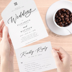 Modern Elegant Chic Simple QR Code Wedding RSVP All In One Einladung