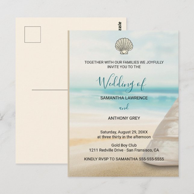 Modern Elegant Coastal Wedding Invitation Postkarte (Vorne/Hinten)