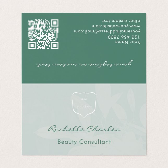 Modern Elegant Eucalyptus Green Add Logo QR Code Visitenkarten (Außenseite Aufgefaltet)