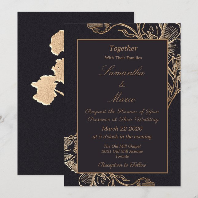 Modern Elegant Gold Faux Metal Floral Wedding Einladung (Vorne/Hinten)
