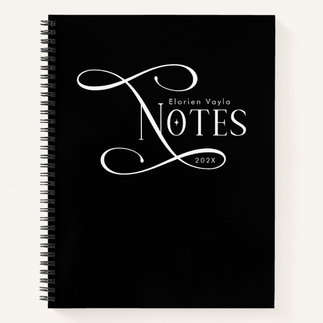 Modern Elegant Notes Personalized Black White  Notizbuch (Vorderseite)
