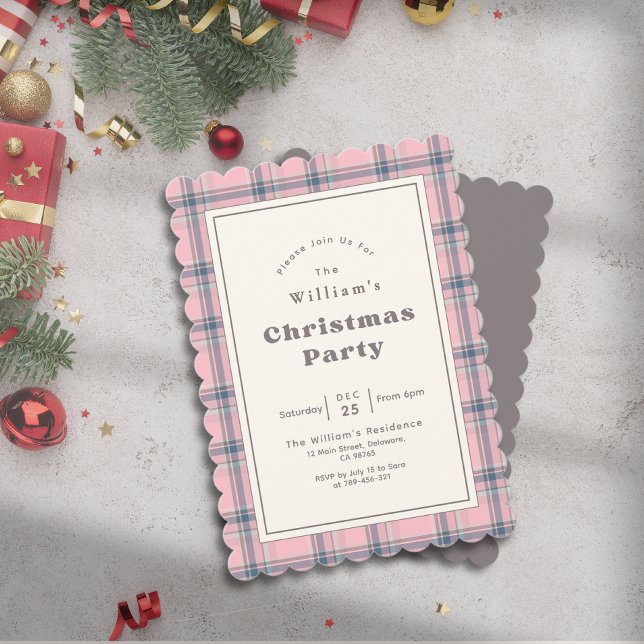 Modern Elegant Pink Plaid Christmas Party Einladung (Modern Elegant Pink Plaid Christmas Party Invitation)