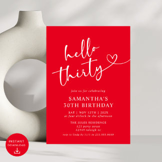 Modern Elegant Red White Hello 30. Geburtstag Part Einladung