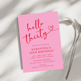 Modern Elegant Rosa Rot Hallo 30. Geburtstag Party Einladung
