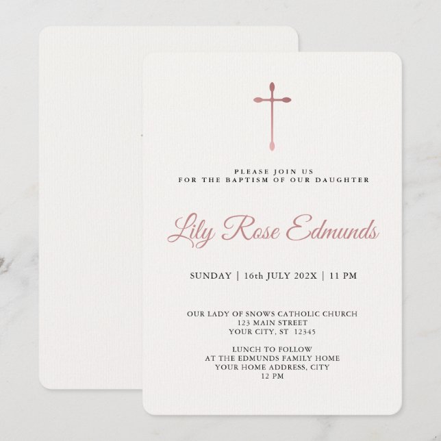 Modern Elegant Rose Gold & Blk Baptism  Einladung (Vorne/Hinten)