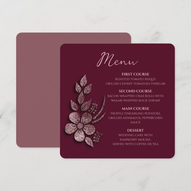 Modern Elegant Rose Gold Glitter Floral & Burgundy Menükarte (Vorne/Hinten)
