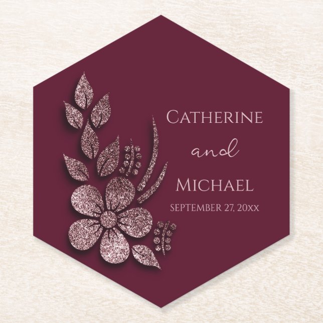 Modern Elegant Rose Gold Glitter Floral & Burgundy Untersetzer (Vorderseite)