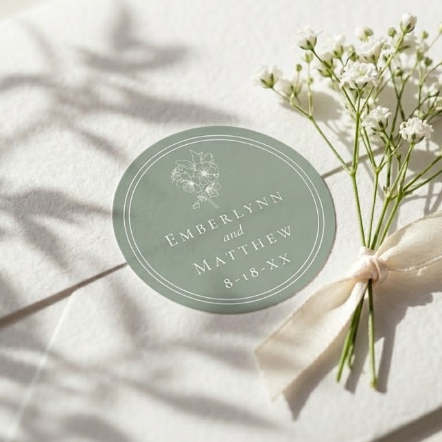 Modern Elegant Sage Green Botanical Wedding Runder Aufkleber (Modern Elegant Sage Green Botanical Wedding Classic Round Sticker)