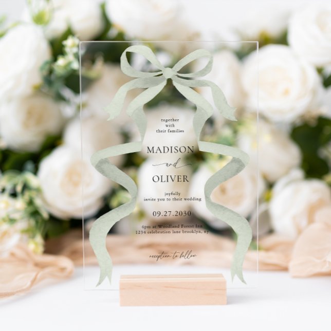 Modern Elegant Sage Green Bow Monogram Wedding Acryleinladungen (Von Creator hochgeladen)