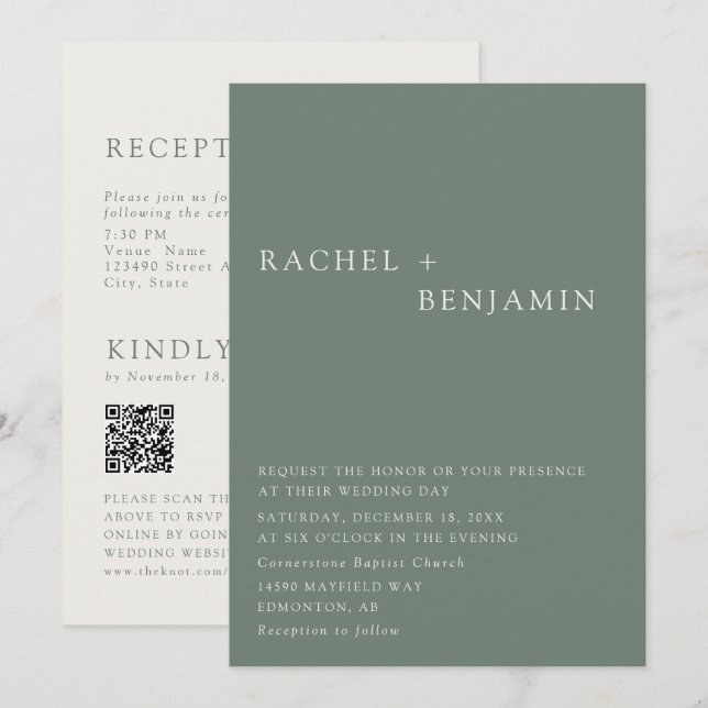 Modern Elegant Sage Green Wedding 2 Sided QR Code Einladung (Vorne/Hinten)