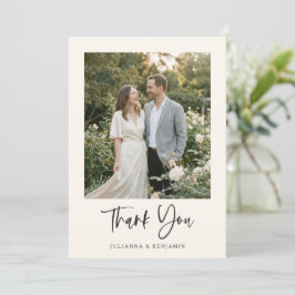 Modern Elegant Script Black Ivory Photo Wedding Dankeskarte