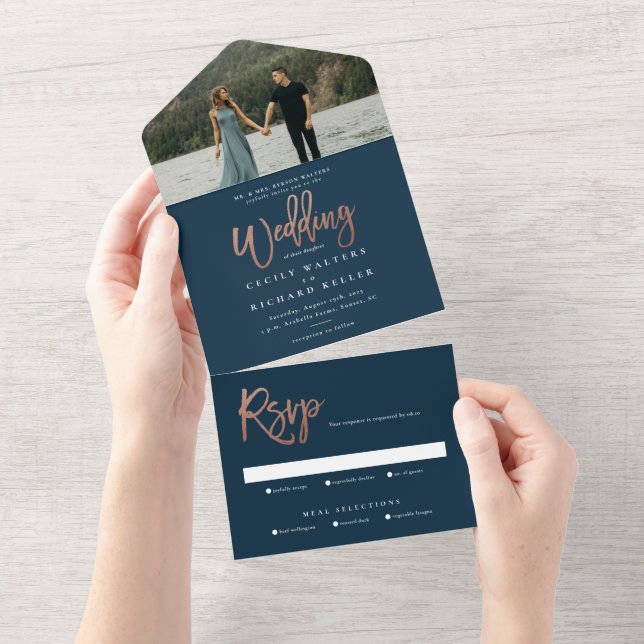 Modern elegant script photo RSVP wedding All In One Einladung (Abreißen)