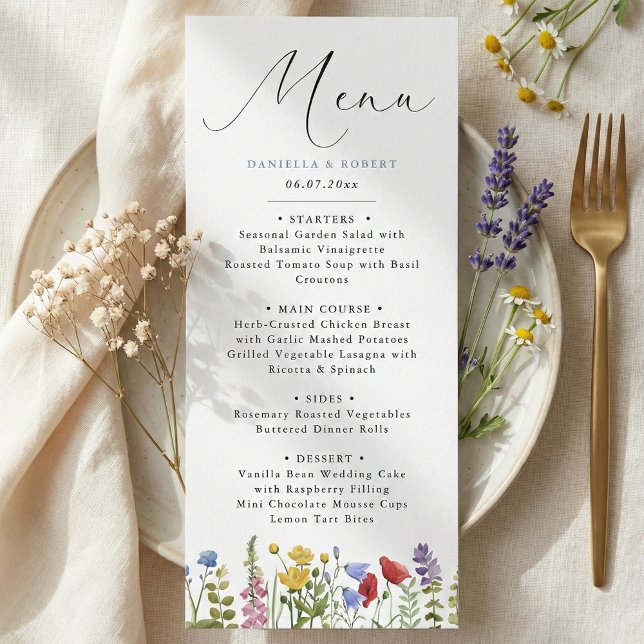 Modern Elegant Spring Summer Wildflower Wedding Menükarte (personalized modern minimalist elegant script calligraphy wildflower wedding menu card)