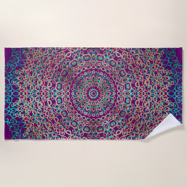 Modern & elegant Stilvoll Mandala Boho Dark Lila Strandtuch (Vorderseite)