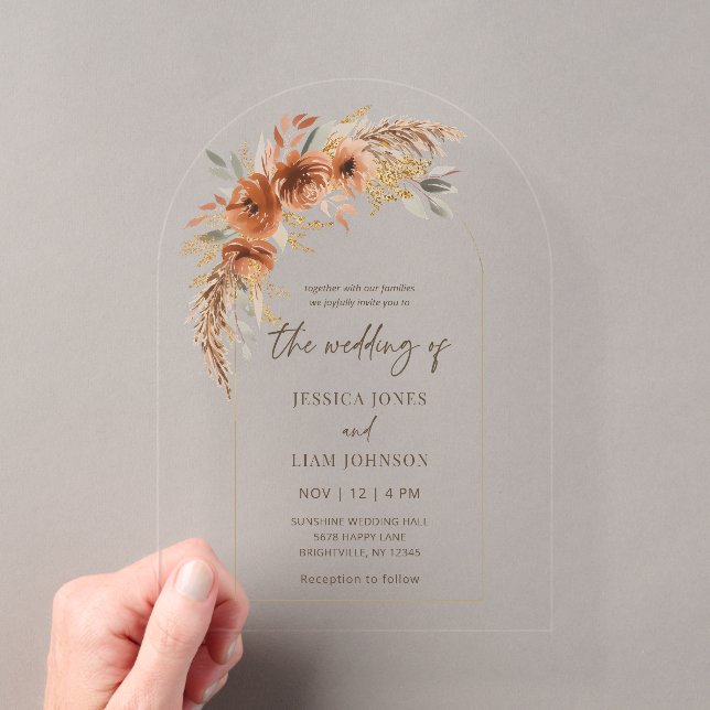 Modern Elegant Terracotta Fall Floral Wedding  Acryleinladungen (Insitu (Handheld))