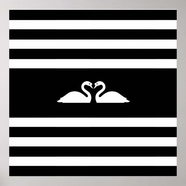 Modern elegant two swans on black & white striped poster (Vorne)