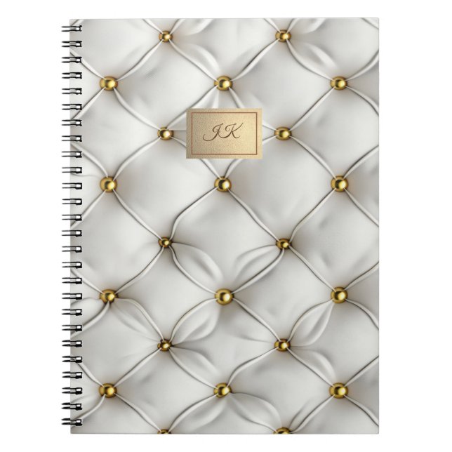 Modern Elegant White Leather Tufted Gold Notizblock (Vorderseite)