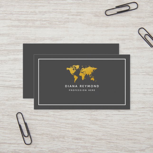 Modern Elegant World Map Dark-Gray Visitenkarte (Vorderseite/Rückseite Beispiel)