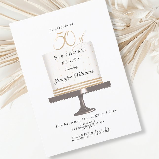 Modern, elegante  50. Geburtstag Einladung (Modern, elegant, luxury, white & gold, 50. birthday invitation with cake illustration.)