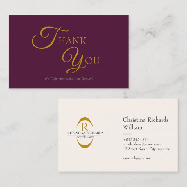 Modern Elegante Burgund und Gold Dankeschön Card Visitenkarte (Vorne/Hinten)