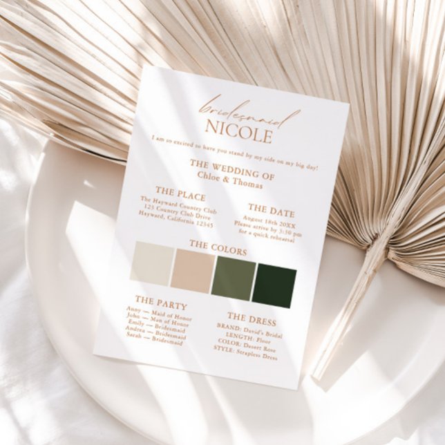 Modern Elegante Color Palette Bridesmaid Info Card Einladung (Von Creator hochgeladen)