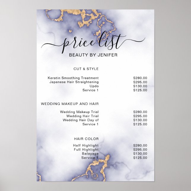 Modern Elegante Gold Schönheitssalon Preisliste Poster (Vorne)