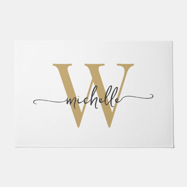 Modern Elegante White Gold Monogram Name Script Fußmatte (Vorderseite)