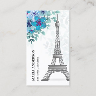 Modern Eleganter Chic Blue Floral Paris Eiffelturm Visitenkarte