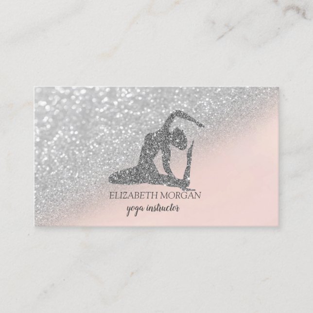 Modern Eleganter Silver Glitzer Yoga Girl Bokeh Visitenkarte (Vorderseite)