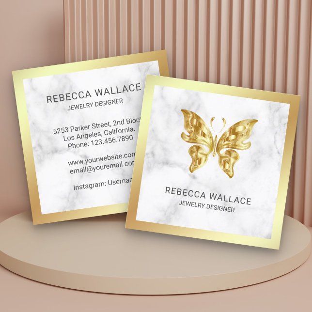 Modern Eleganter weißer Marmor Gold Butterfly Quadratische Visitenkarte (Von Creator hochgeladen)