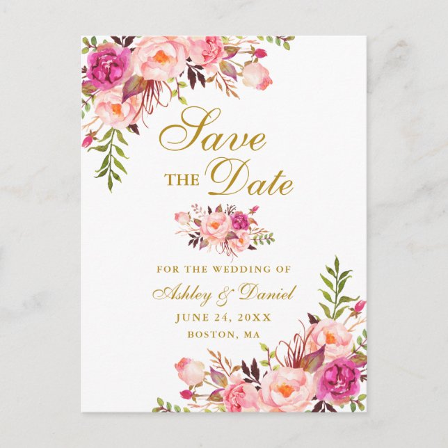 Modern Elegantes Rosa Floral Gold Ankündigungspostkarte (Vorderseite)