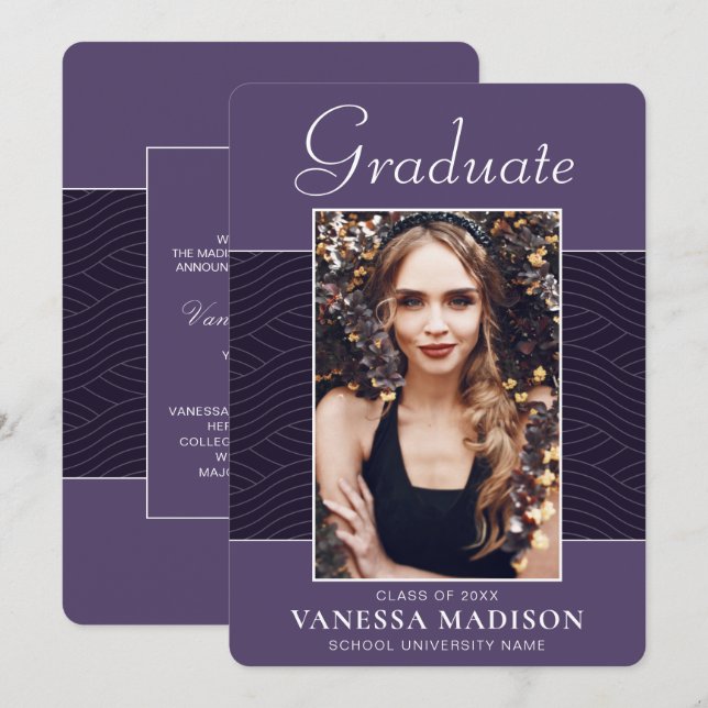 Modern | Elegantes Script Lila Violet 1 Foto Grad Ankündigung (Vorne/Hinten)
