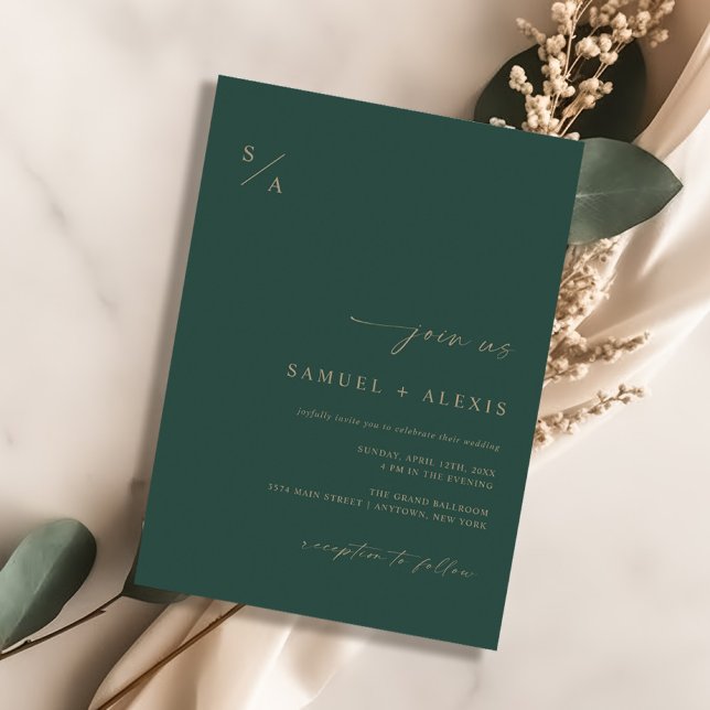 Modern Emerald Green And Gold Minimalist Wedding Einladung (Von Creator hochgeladen)