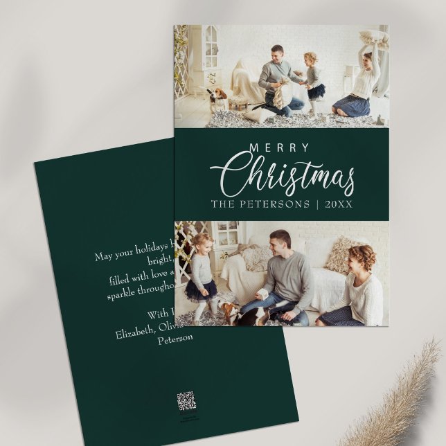 Modern Emerald Green Foto Collage Weihnachten (Modern Emerald Green Photo Collage Christmas Holiday Card on white table)