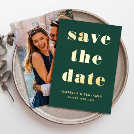 Modern Emerald Green Foto Save the Date Gold Folieneinladung