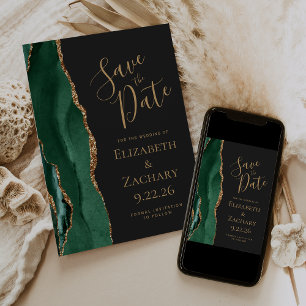 Modern Emerald Green Gold Agate Dark Save the Date