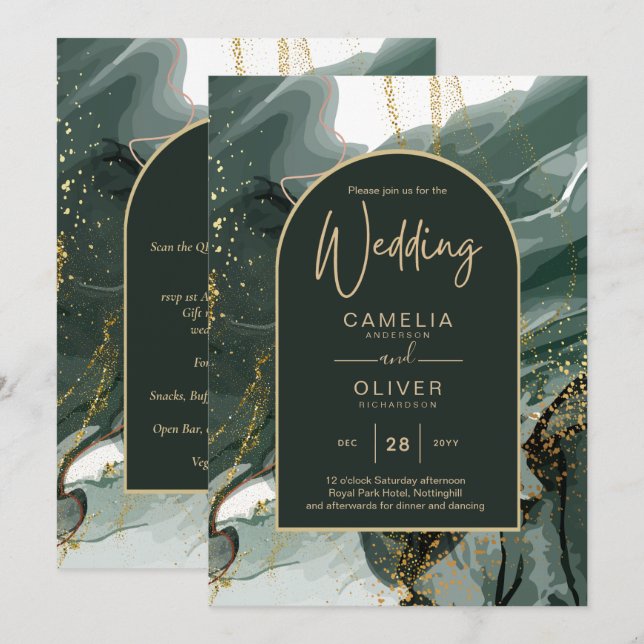 Modern Emerald Green Gold Agate Marble WEDDING Einladung (Vorne/Hinten)