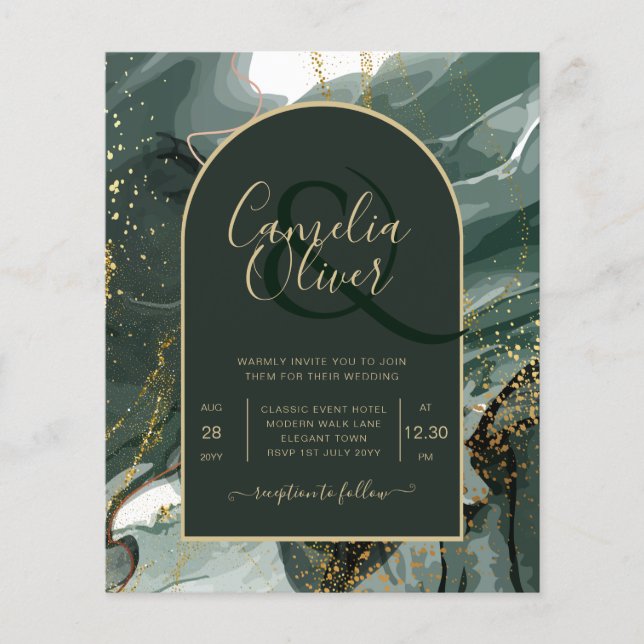 Modern Emerald Green Gold Agate Marble WEDDING Flyer (Vorne)