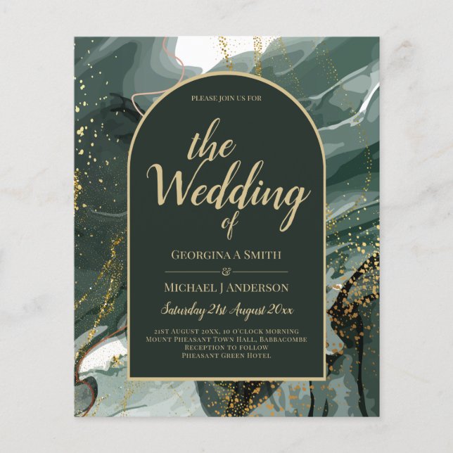 Modern Emerald Green Gold Agate Marble WEDDING Flyer (Vorne)