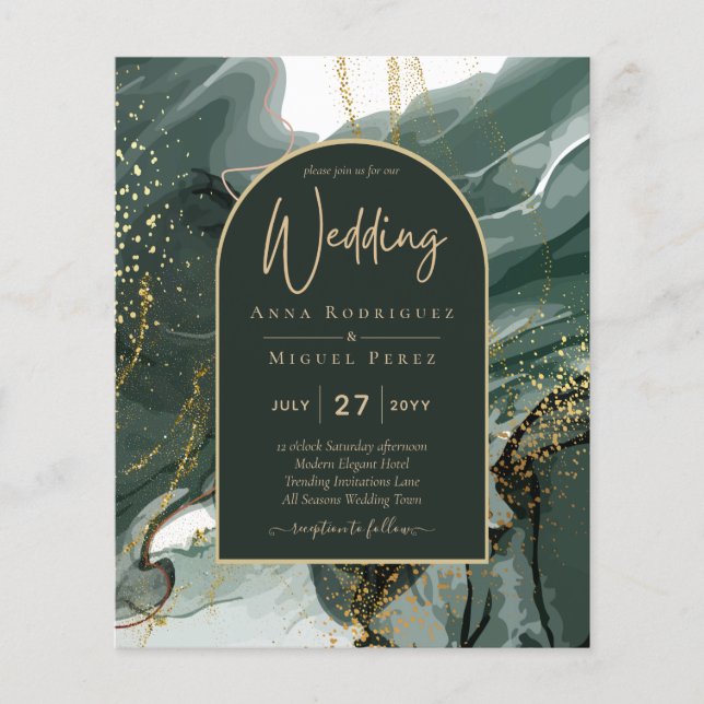 Modern Emerald Green Gold Agate Marble WEDDING Flyer (Vorne)