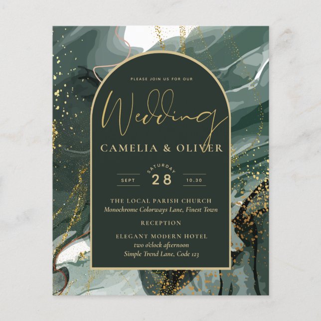 Modern Emerald Green Gold Agate Marble WEDDING Flyer (Vorne)