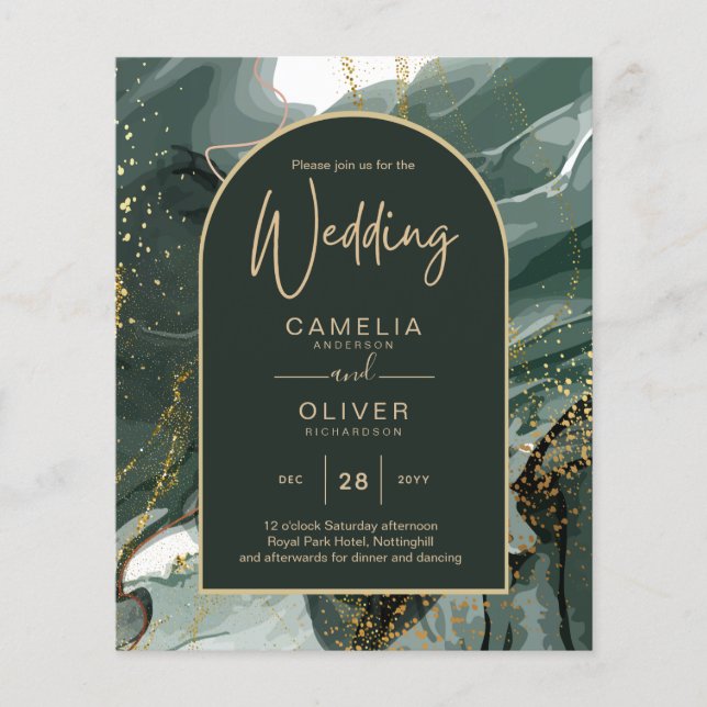 Modern Emerald Green Gold Agate Marble WEDDING Flyer (Vorne)