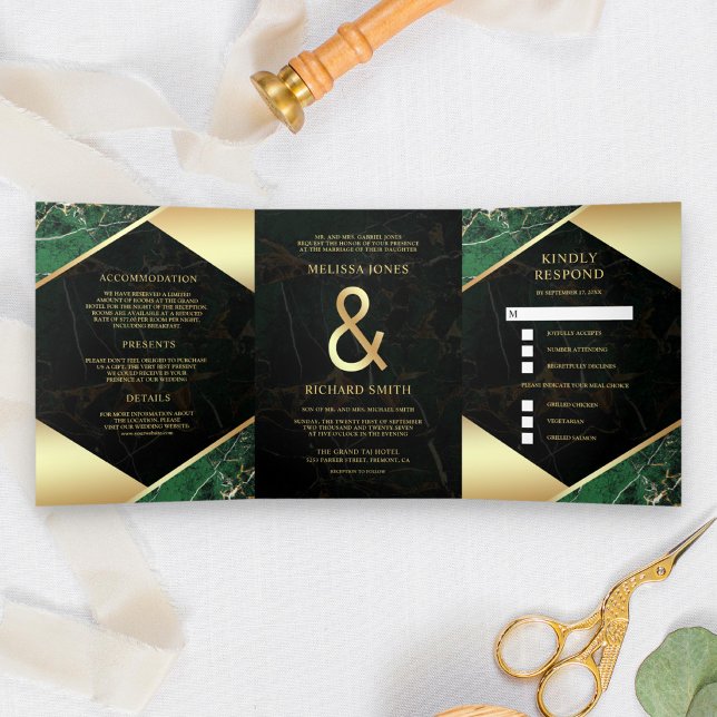 Modern Emerald Green Gold Marmor Ampere und Hochze Dreifach Gefaltete Einladung (Von Creator hochgeladen)