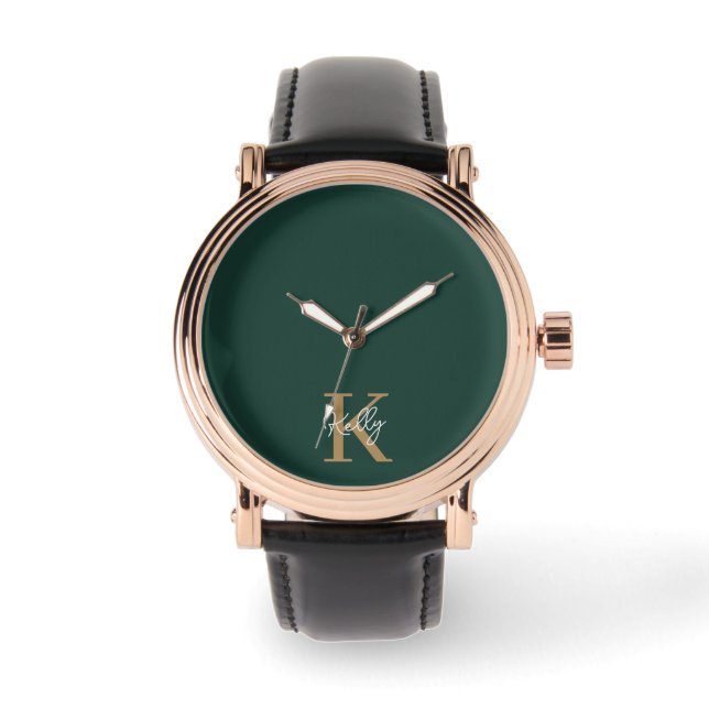 Modern Emerald Green Gold Monogram Script Armbanduhr (Vorderseite)